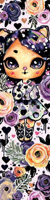 Free kawaii cats bookmark featuring a cat on a pink and orange floral background